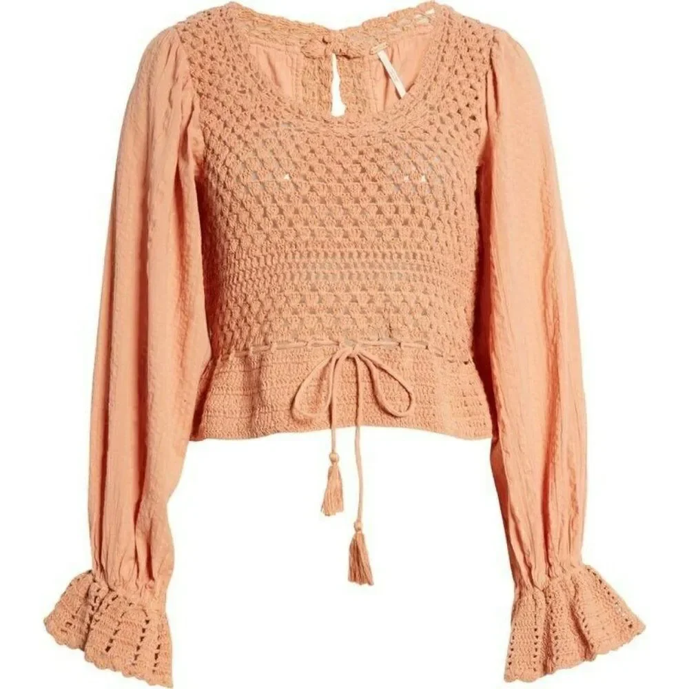 NWT FREE PEOPLE -‎ M - Megan Crochet Top in Coral Sand